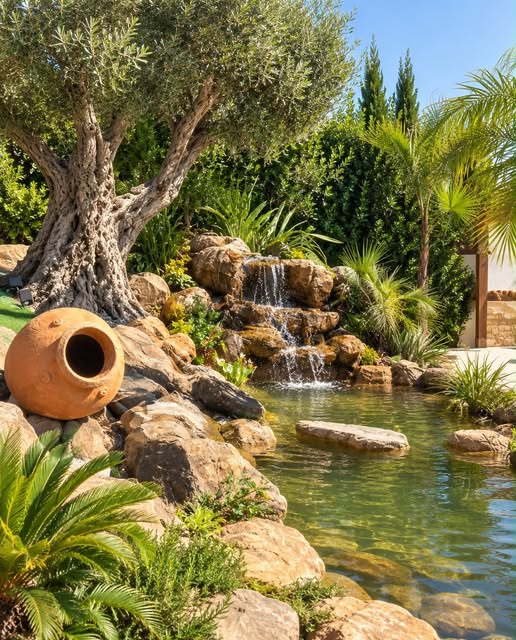 Cascada de roca entre olivos y vegetación, fotografiada en uno de nuestros trabajos